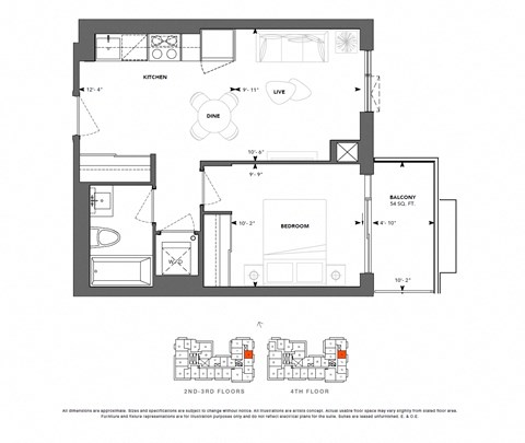 Floor plan for 1 bed, 1 bath, 509 sqft